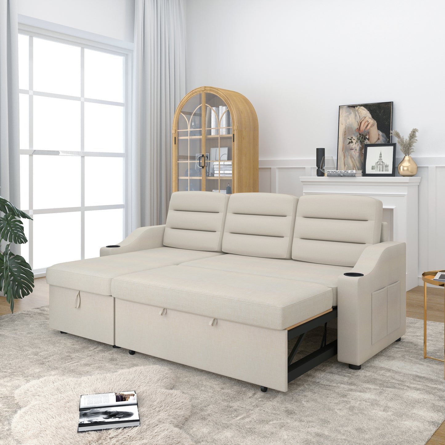 83.5" Convertible Sleeper Combo Sofa, Convertible Sofa Bed Polyester Pullout Bed with Storage Recliner and Cup Holder for Living Room, Tight Spaces