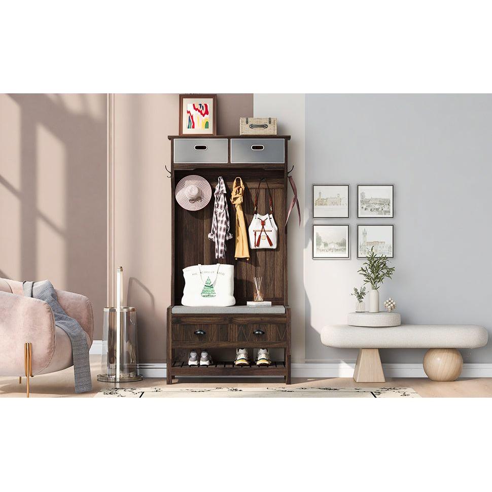 Hall Tree with 6 Hooks and Hinged Lid, Coat Hanger, Entryway Bench, Storage Bench, 3-in-1 Design, 69INCH, for Entrance, Hallway