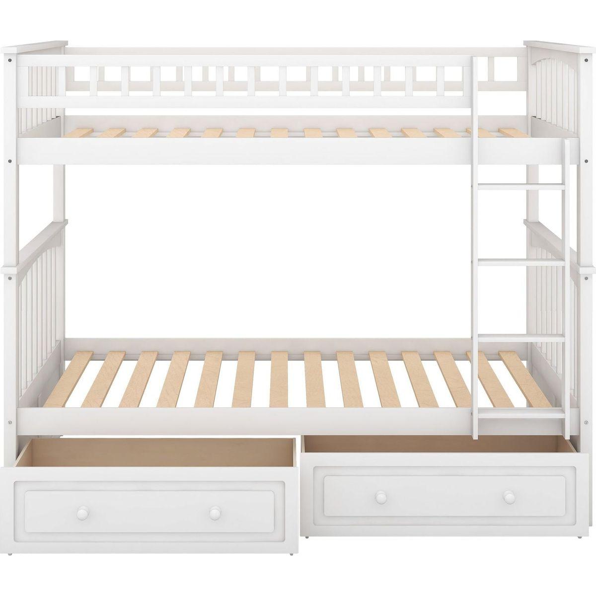 Twin over Twin Bunk Bed with Drawers, Convertible Beds, White