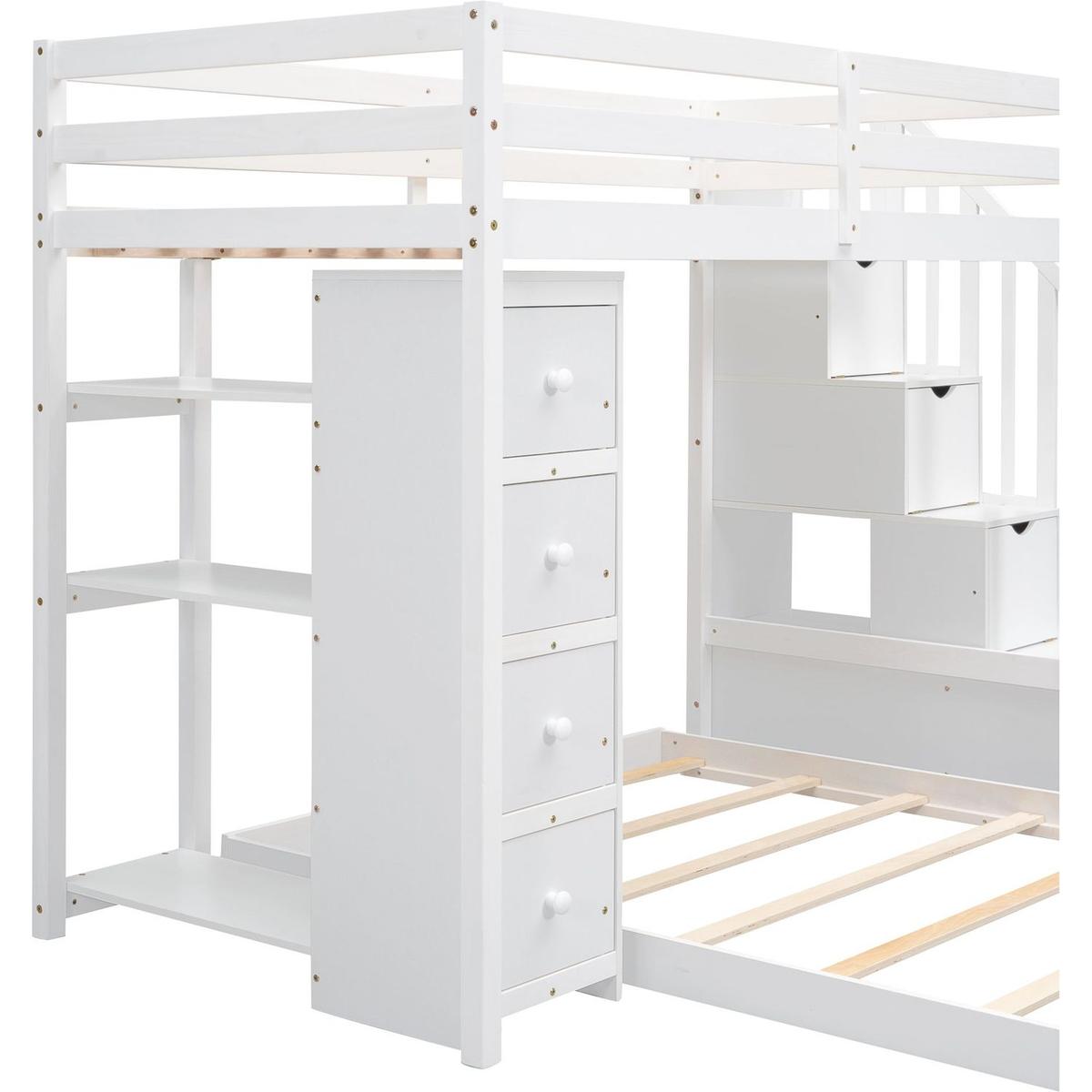 Twin Over Full Bunk Bed with 3-layer Shelves, Drawers and Storage Stairs, White