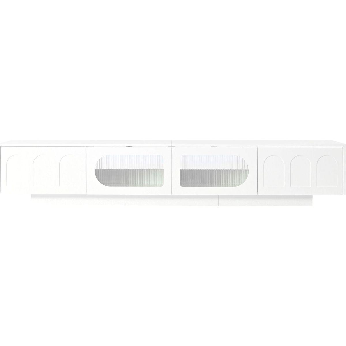 TV Stand with Fluted tempered Glass Doors for TVs Up to 95", Functional Media Console with Arched Cabinet Doors, Entertainment Center with APP-Controlled LED Light for Living Room, White