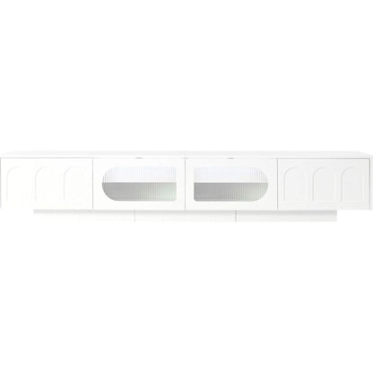 TV Stand with Fluted tempered Glass Doors for TVs Up to 95", Functional Media Console with Arched Cabinet Doors, Entertainment Center with APP-Controlled LED Light for Living Room, White