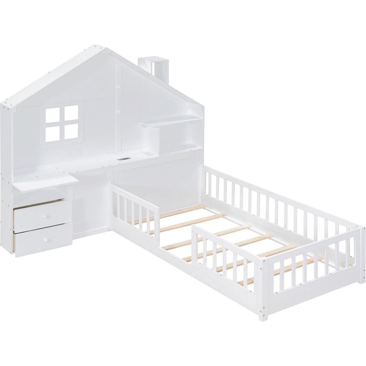 Twin Size House Bed with Window and Bedside Drawers, Platform Bed with Shelves and a set of Sockets and USB Port, White