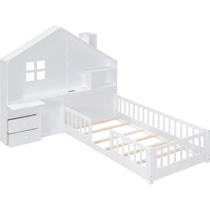 Twin Size House Bed with Window and Bedside Drawers, Platform Bed with Shelves and a set of Sockets and USB Port, White