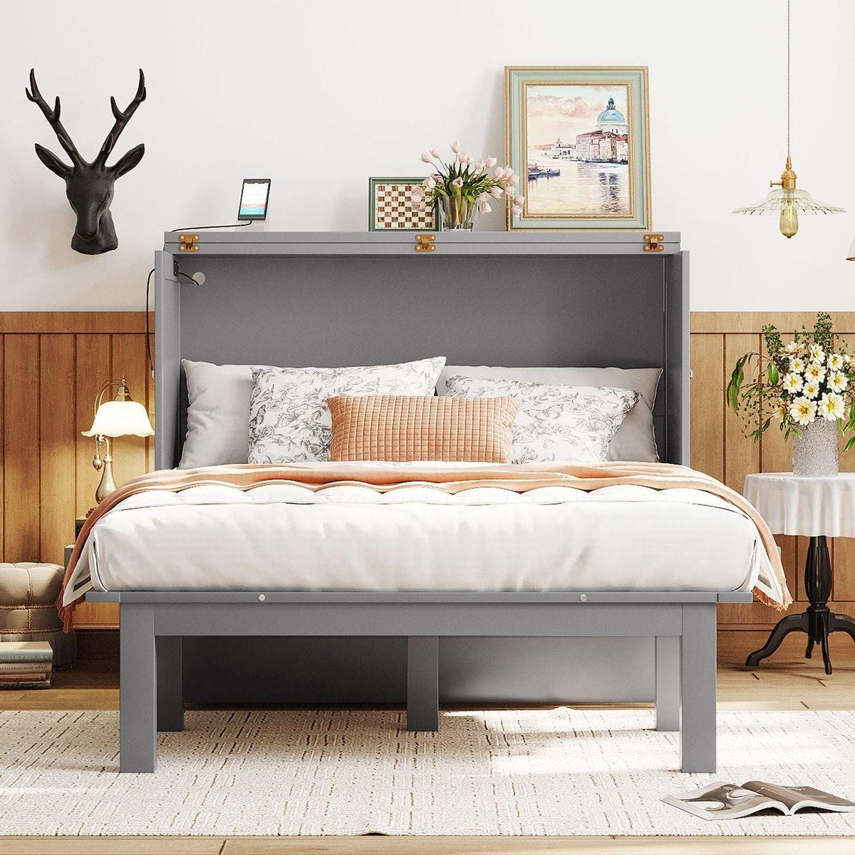 Full Size Murphy Bed with USB Port and removable Shelves on Each Side,Gray