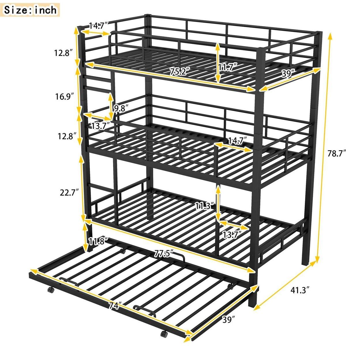 Metal Twin Size Triple Bunk Bed With Trundle, Black