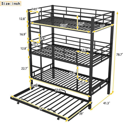 Metal Twin Size Triple Bunk Bed With Trundle, Black