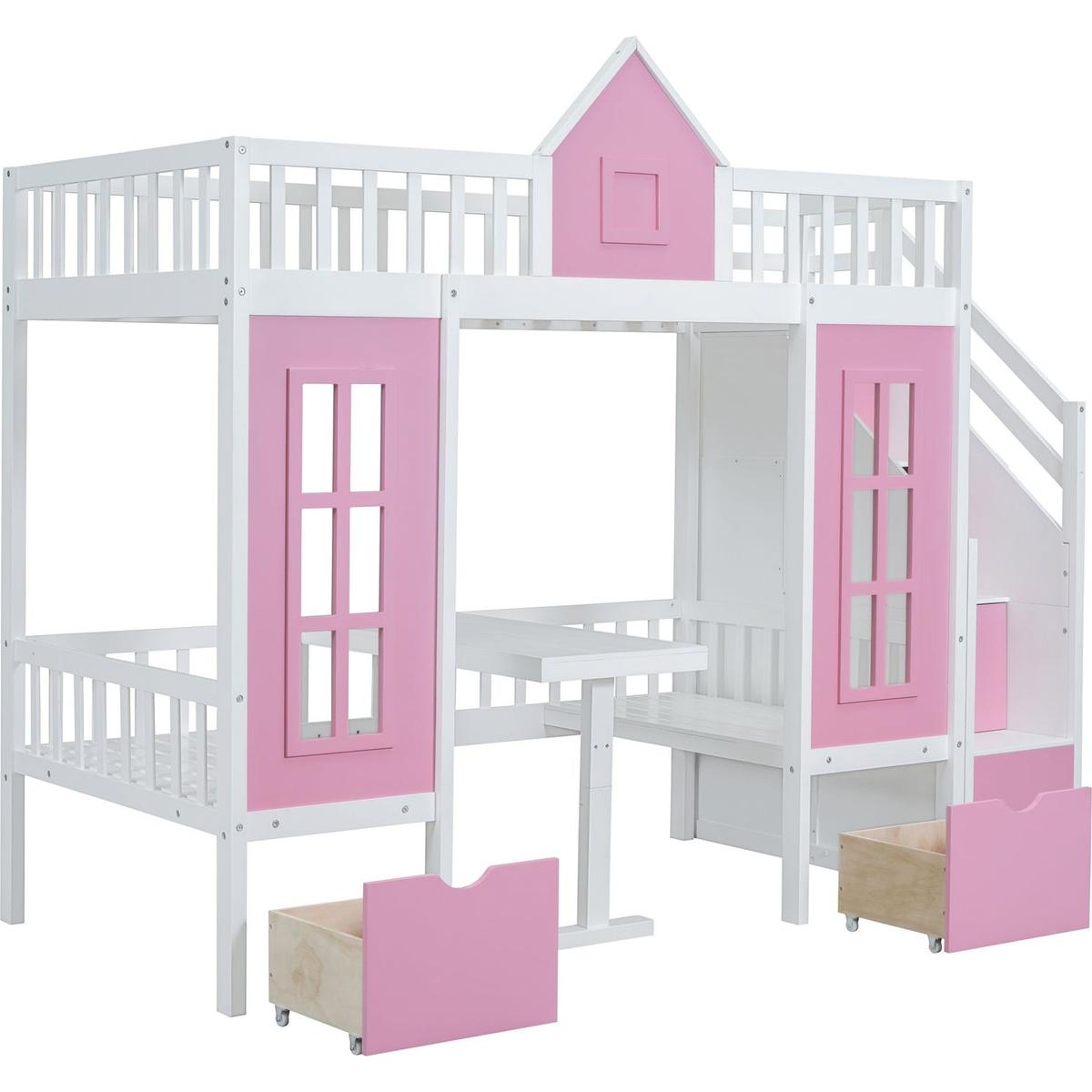 Twin-Over-Twin Bunk Bed with Changeable Table, Bunk Bed Turn into Upper Bed and Down Desk -Pink