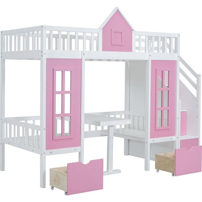 Twin-Over-Twin Bunk Bed with Changeable Table, Bunk Bed Turn into Upper Bed and Down Desk -Pink