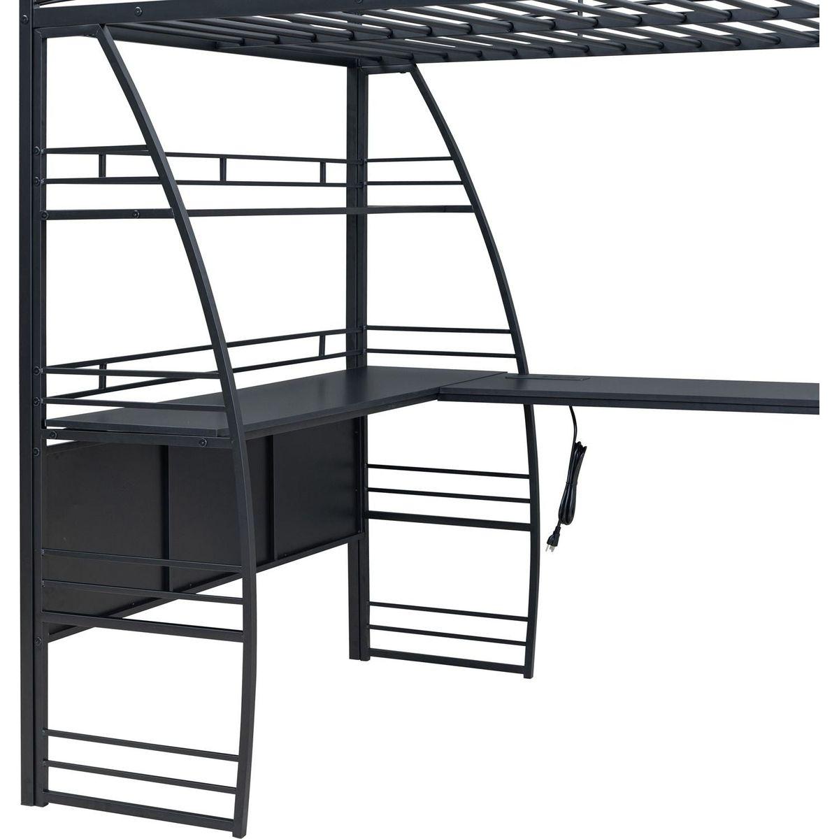Full Size Loft Bed with 4 Layers of Shelves and L-shaped Desk, Stylish Metal Frame Bed with a set of Sockets, USB Ports and Wireless Charging, Black