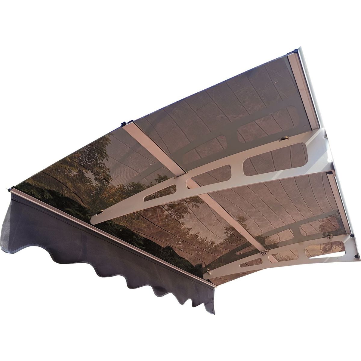 DA5934W Series Door Window Awning Canopy Made of 0.137 Inch Thick Crystal Solid Polycarbonate Sheet and Aluminum Alloy with Valance in size of 59" Wide x 34" Deep for Wooden Wall House