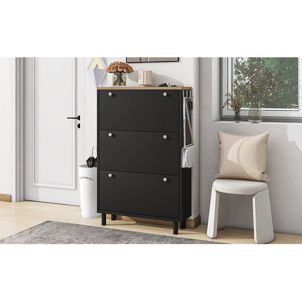 Narrow Design Shoe Cabinet with 3 Flip Drawers, Wood Grain Pattern Top Entryway Organizer with 3 Hooks, Free Standing Shoe Rack with Adjustable Panel for Hallway, Black