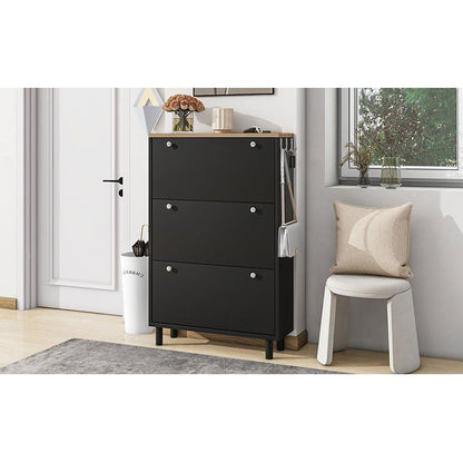 Narrow Design Shoe Cabinet with 3 Flip Drawers, Wood Grain Pattern Top Entryway Organizer with 3 Hooks, Free Standing Shoe Rack with Adjustable Panel for Hallway, Black