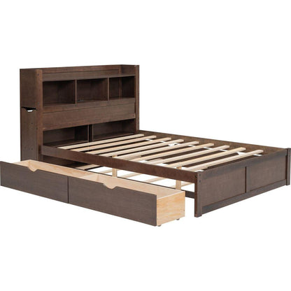 Full Size Storage Platform Bed with Pull Out Shelves, Twin Size Trundle and 2 Drawers, Espresso