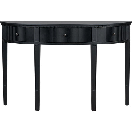 Distinctive Features of Pine Veneer Console Table with Vertical Stripe Drawer Fronts and Four Legs