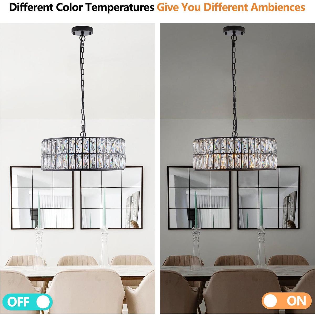 Modern Crystal Drum Chandelier, 6-Light Pendant Lighting Fixture with Black Metal Frame for Living Room, Dining Room, and Bedroom (Bulbs Not Included)