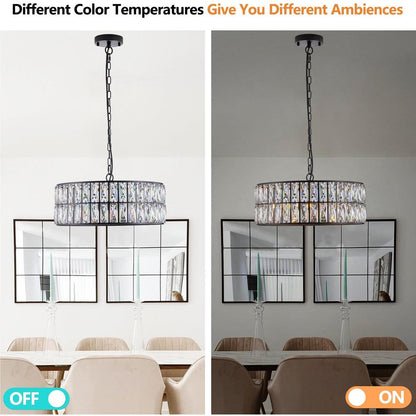 Modern Crystal Drum Chandelier, 6-Light Pendant Lighting Fixture with Black Metal Frame for Living Room, Dining Room, and Bedroom (Bulbs Not Included)