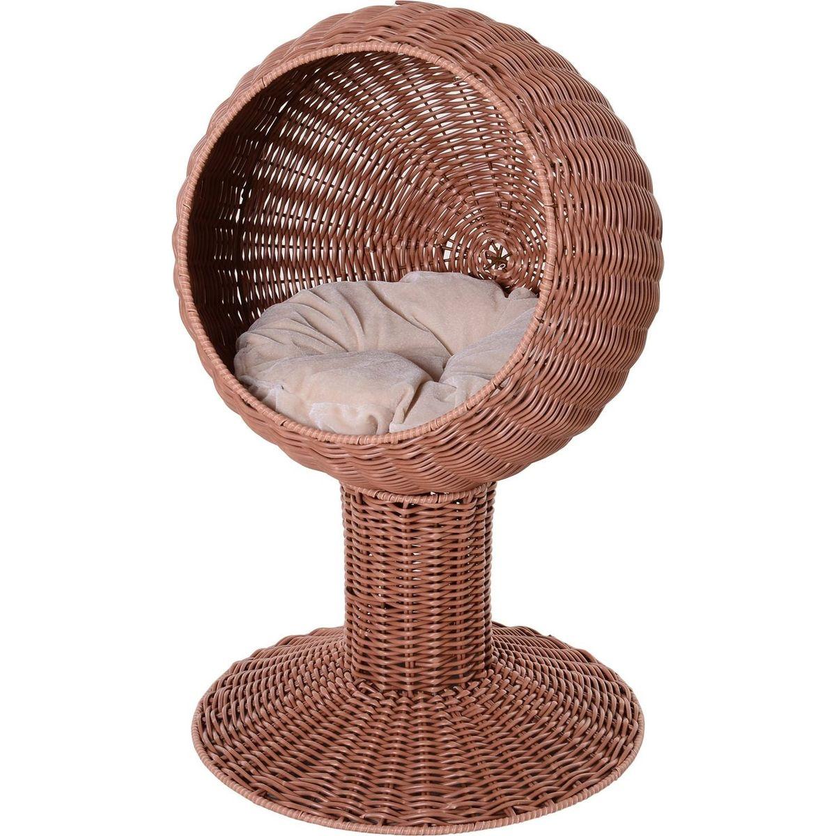 Elevated Cat Bed with Rotatable Egg Chair Pod, Cat Basket Bed with Thick Cushion, Natural Mat Grass Woven Kitty House, Brown
