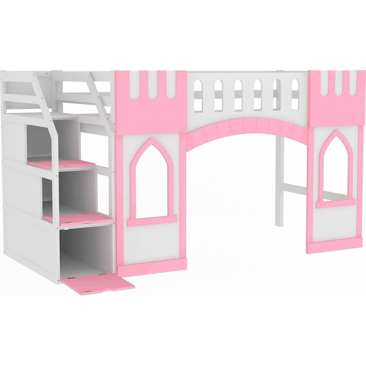 Twin Size Loft Bed with Storage Staircase and Window, Pink