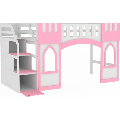 Twin Size Loft Bed with Storage Staircase and Window, Pink