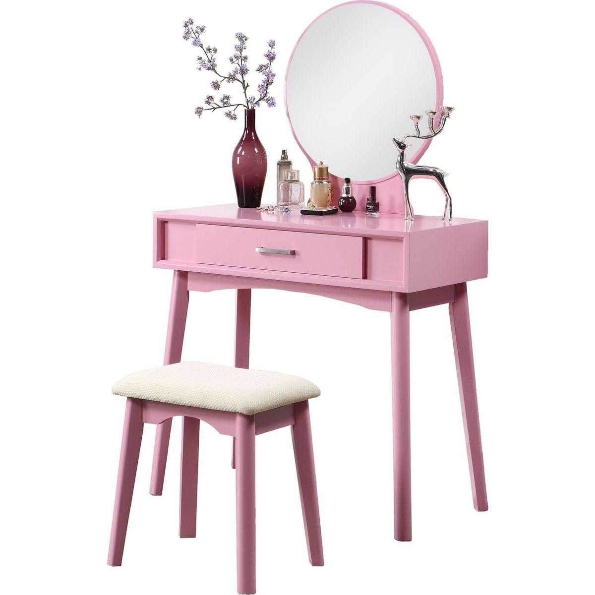 Maly Contemporary Wood Vanity and Stool Set, Pink