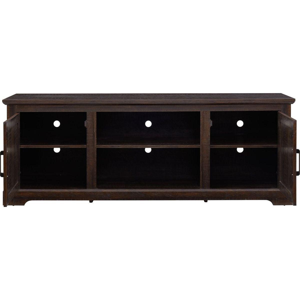 Farmhouse Rattan TV Stand Console Table for TVs up to 70 Inches, TV Console Table with 2 Storage Shelves, 2 Natural Rattan Door Cabinets, 65"Wx15.55"Dx23.86"H, Espresso