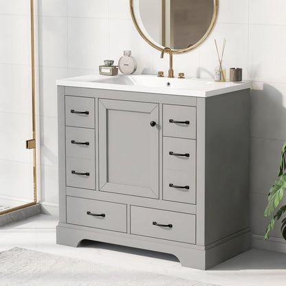 36" Bathroom Vanity with Sink Combo, Six Drawers, Multi-Functional Drawer Divider, Adjustable Shelf, Grey