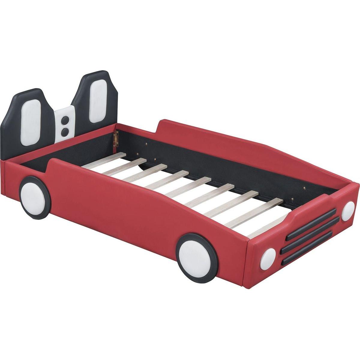 Twin Size Race Car-Shaped Platform Bed with Wheels,Red