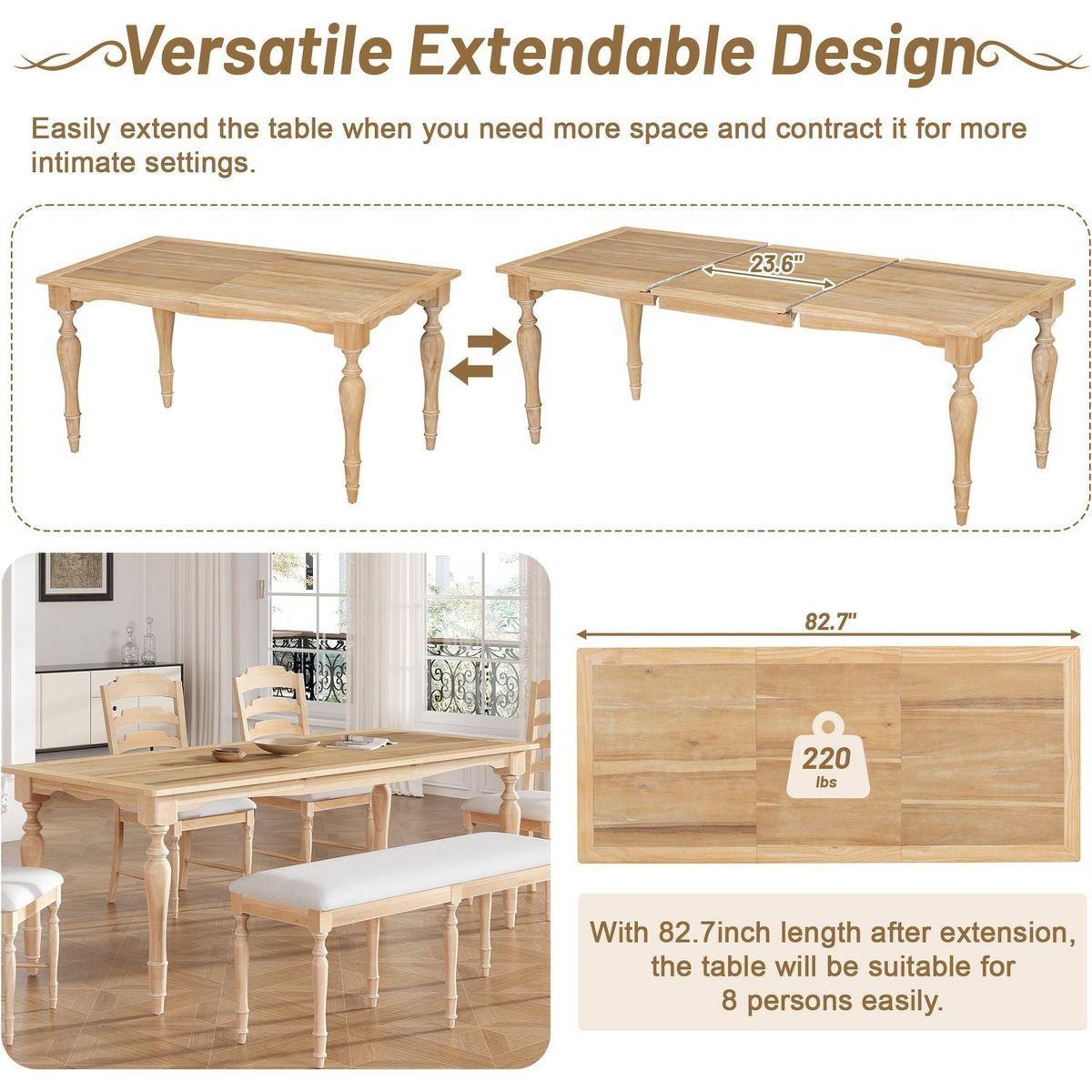 Vintage Traditional 7-Piece 82.7inch Extendable Dining Table Set with 23.6inch Removable Leaf, 4 Serrated Back Chairs and 2 Upholstered Back Dining Chairs for 6, Natural