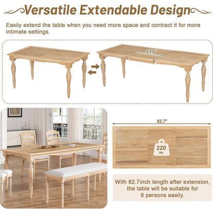 Vintage Traditional 7-Piece 82.7inch Extendable Dining Table Set with 23.6inch Removable Leaf, 4 Serrated Back Chairs and 2 Upholstered Back Dining Chairs for 6, Natural