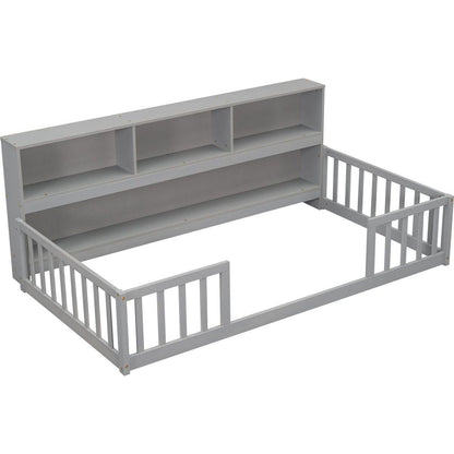 Twin Floor Bed with Bedside Bookcase,Shelves,Guardrails,Grey