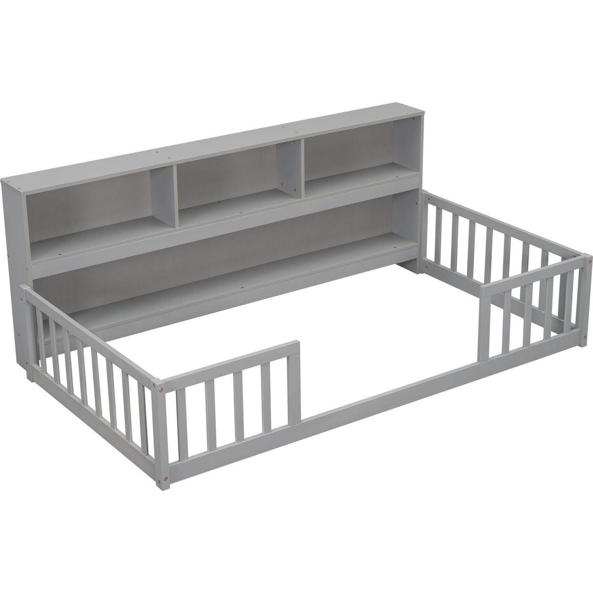 Twin Floor Bed with Bedside Bookcase,Shelves,Guardrails,Grey