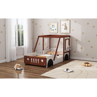 Fun Play Design Twin Size Car Bed, Kids Platform Bed in Car-Shaped for Kids Boys Girls Teens,White+ Orange