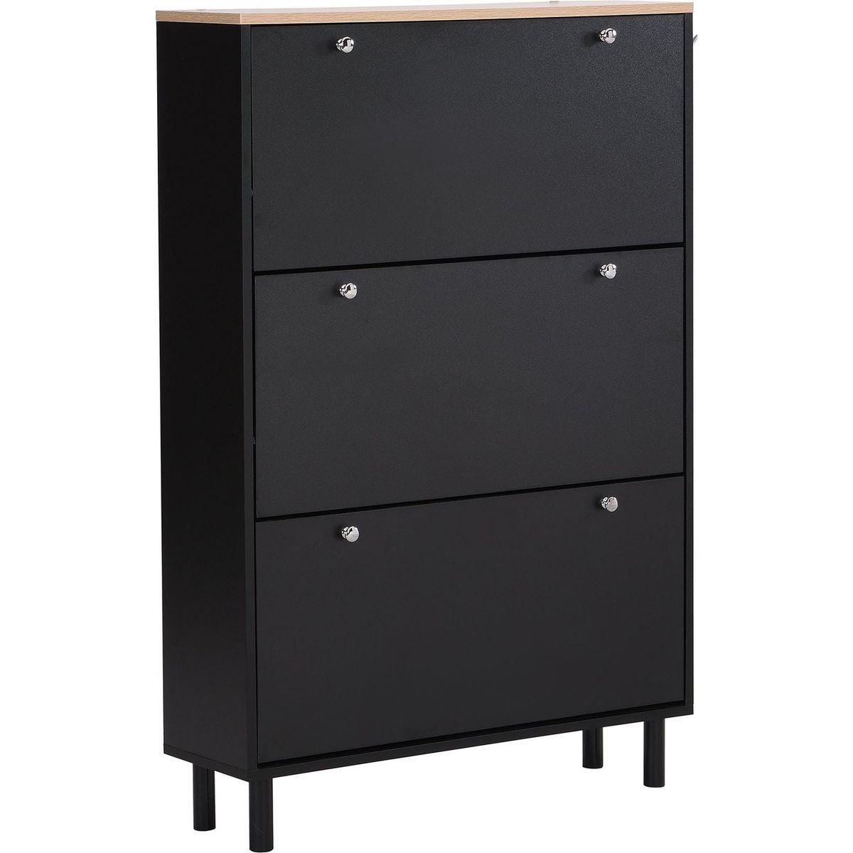 Narrow Design Shoe Cabinet with 3 Flip Drawers, Wood Grain Pattern Top Entryway Organizer with 3 Hooks, Free Standing Shoe Rack with Adjustable Panel for Hallway, Black