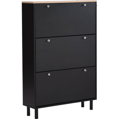 Narrow Design Shoe Cabinet with 3 Flip Drawers, Wood Grain Pattern Top Entryway Organizer with 3 Hooks, Free Standing Shoe Rack with Adjustable Panel for Hallway, Black