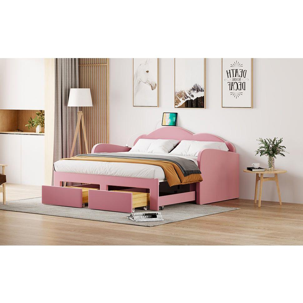 Twin Size Upholstered daybed with Cloud-Shaped Backrest, Trundle & 2 Drawers and USB Ports, Pink