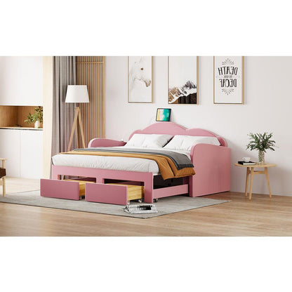 Twin Size Upholstered daybed with Cloud-Shaped Backrest, Trundle & 2 Drawers and USB Ports, Pink