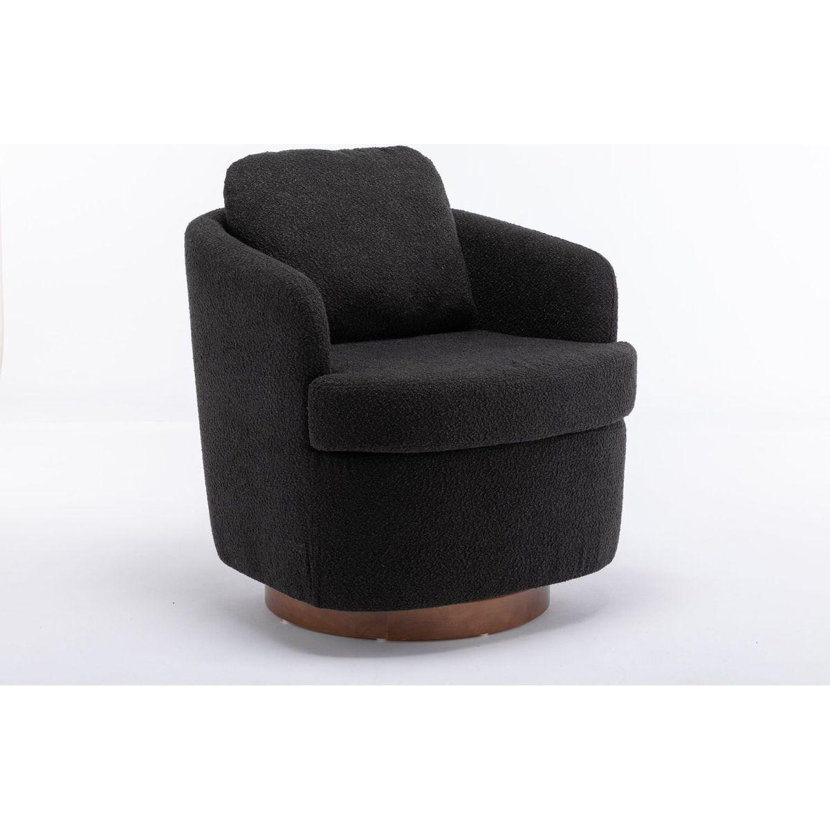 Boucle Fabric Swivel Accent Chair With Soild Wood Round Brown Base Leg,Black