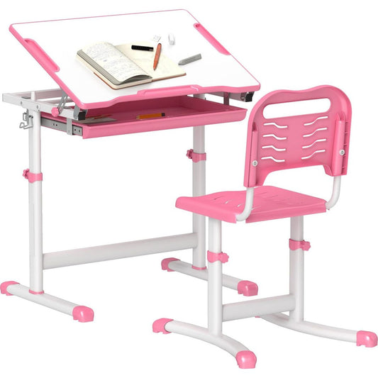 Qaba Kids Desk and Chairs Set, Height Adjustable Children School Study Desk with Tilt Desktop, Storage Drawer, Pen Slot, Hook, Ergonomic Table and Chair Set for Kids, Pink