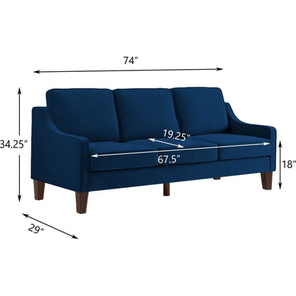 Modern 3 Piece seat Sofa Couch with Scooped Armrest/Wood legs,Upholstered Velvet 3-seat Sofa with Removable Cushions for Livingrooom Bedroom,Navy