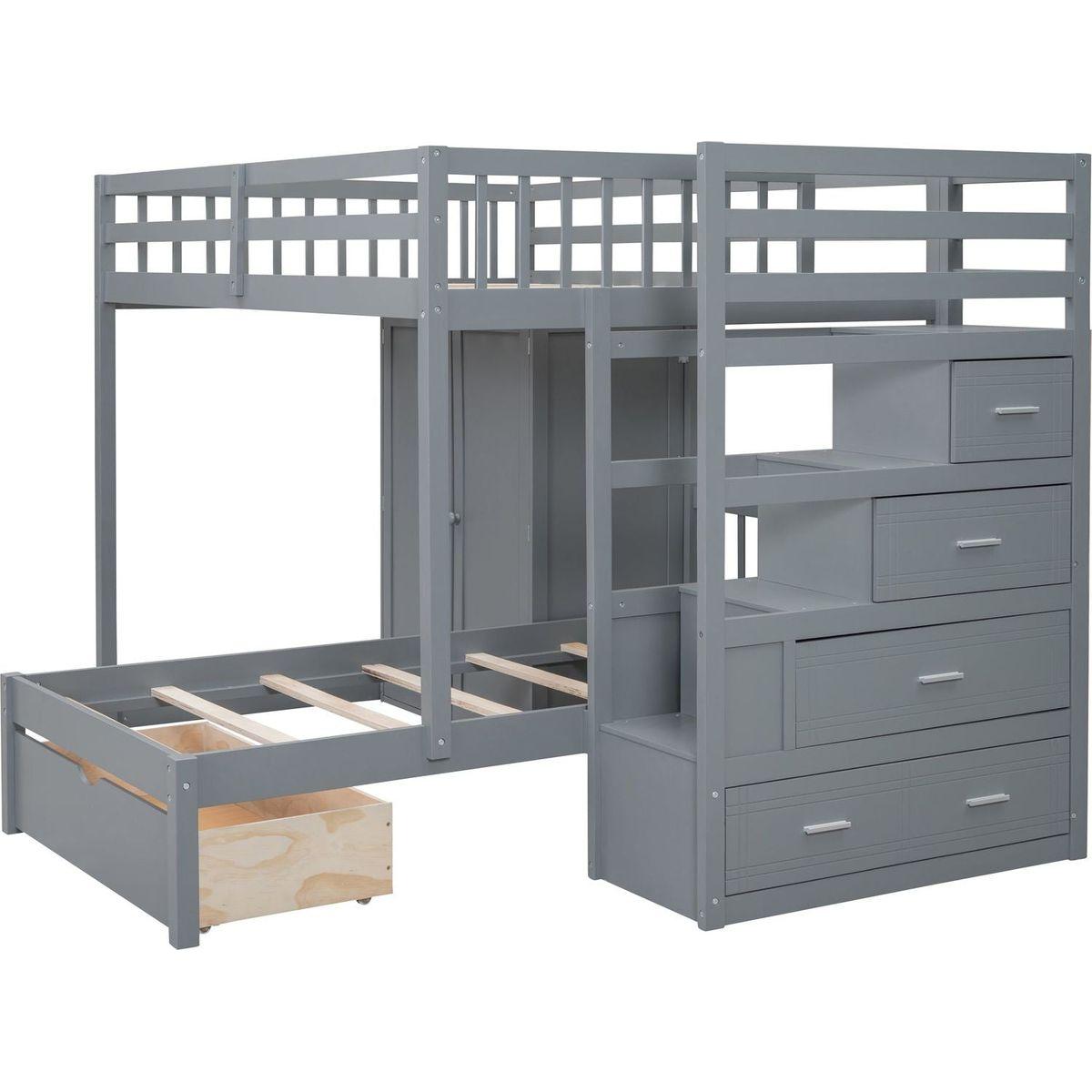 Full Over Twin Bunk Bed with Wardrobe, Drawers, Gray