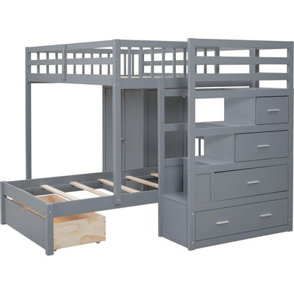 Full Over Twin Bunk Bed with Wardrobe, Drawers, Gray