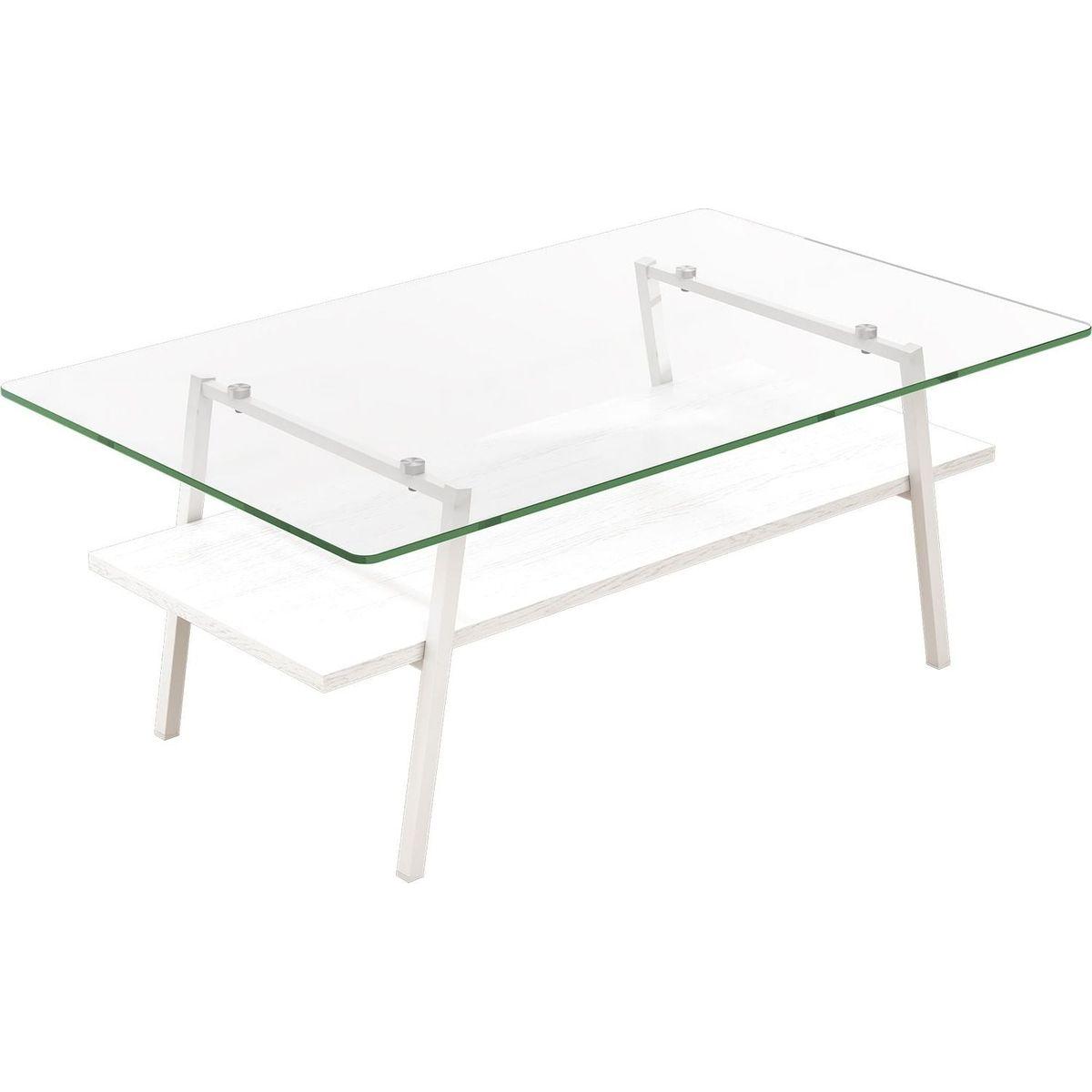 Rectangle Coffee Table, Tempered Glass Tabletop with White Metal Legs, Modern Table for Living Room, Transparent Glass