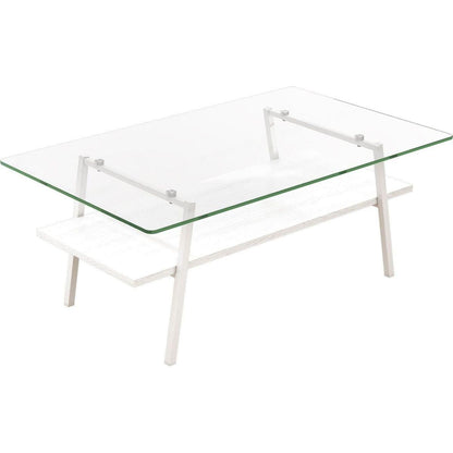 Rectangle Coffee Table, Tempered Glass Tabletop with White Metal Legs, Modern Table for Living Room, Transparent Glass