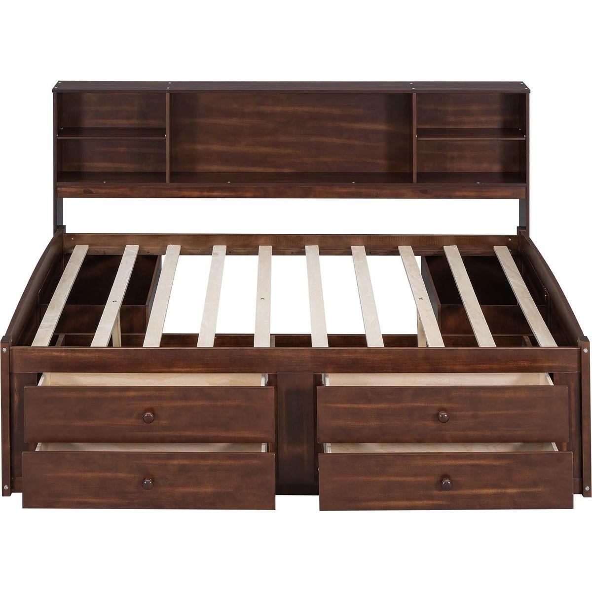 Full Size Wooden Captain Bed with Built-in Storage Shelves, 4 Drawers and 2 Cabinets, Antique Brown