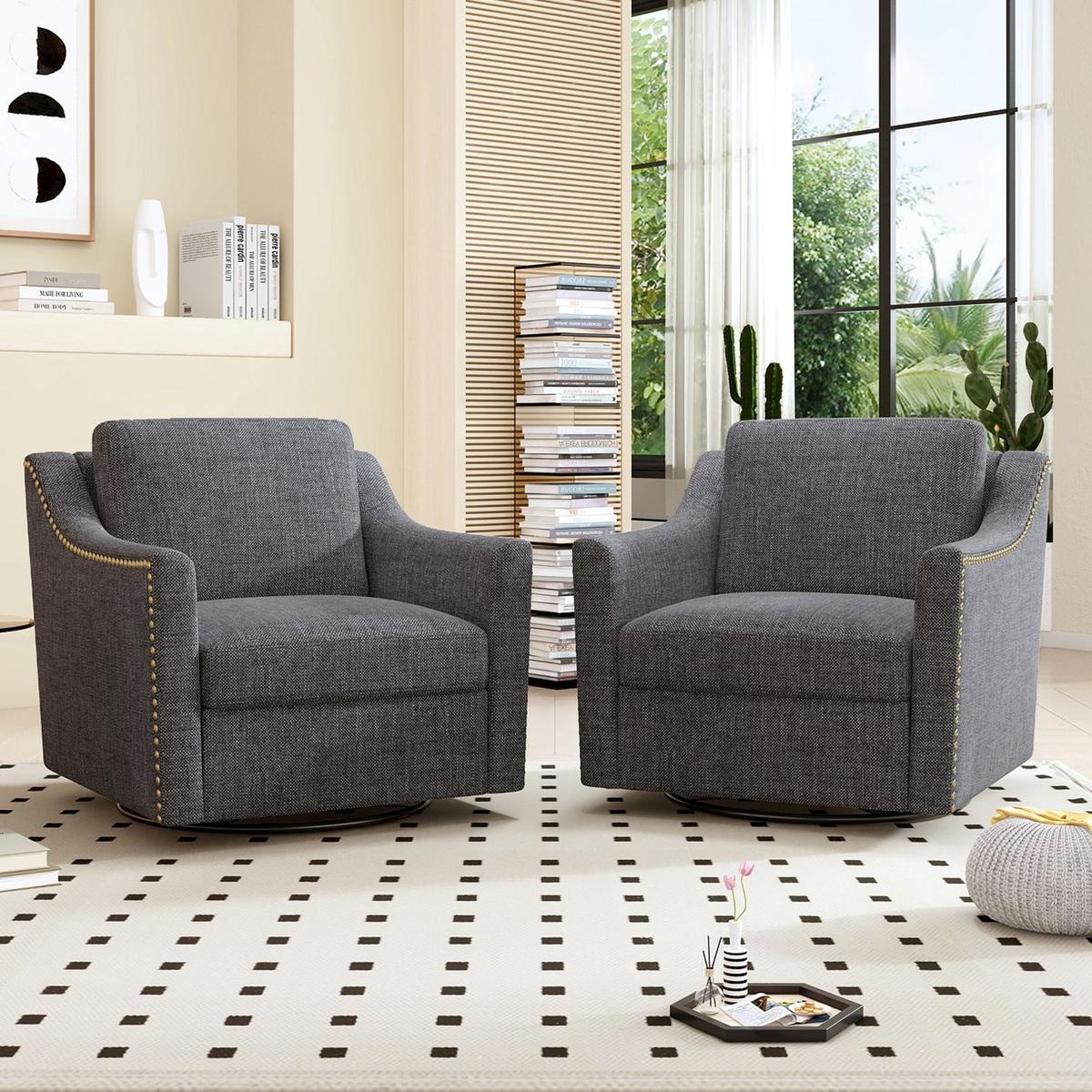360 Degree Swivel Armchair Cotton linen skin-friendly fabric Ergonomic design Brass nail decorative armchair Living room chairs Bedroom chairs Living room chairs Black legs Suitable for indoor homes - Streamdale Furniture