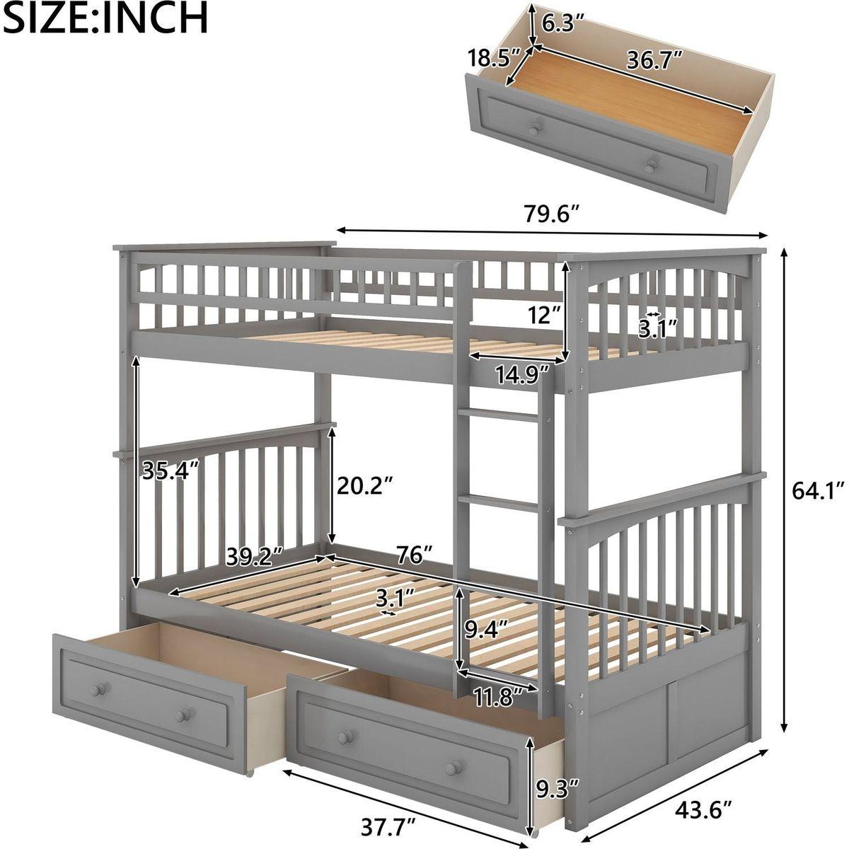 Twin over Twin Bunk Bed with Drawers, Convertible Beds, Gray