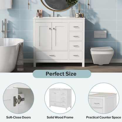 36" White Bathroom Vanity with Ceramic Sink Combo, Abundant Storage Cabinet -2 Soft-close doors and 5 drawers