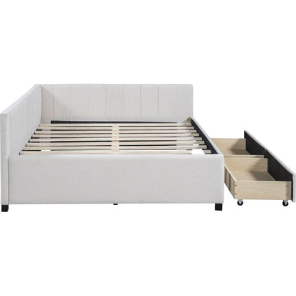 Full Size Upholstered Daybed with 2 Storage Drawers Sofa Bed Frame No Box Spring Needed, Linen Fabric (Beige)