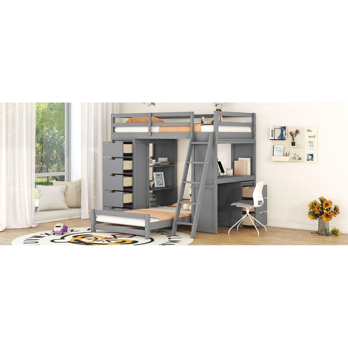 Twin over Twin Bunk Bed with LED Light and USB Ports, Gray